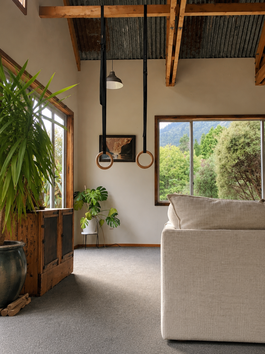 Shows a lounge, you can see the back of a cream sofa, there's a plant to its left and a window in the background with a view out to the garden